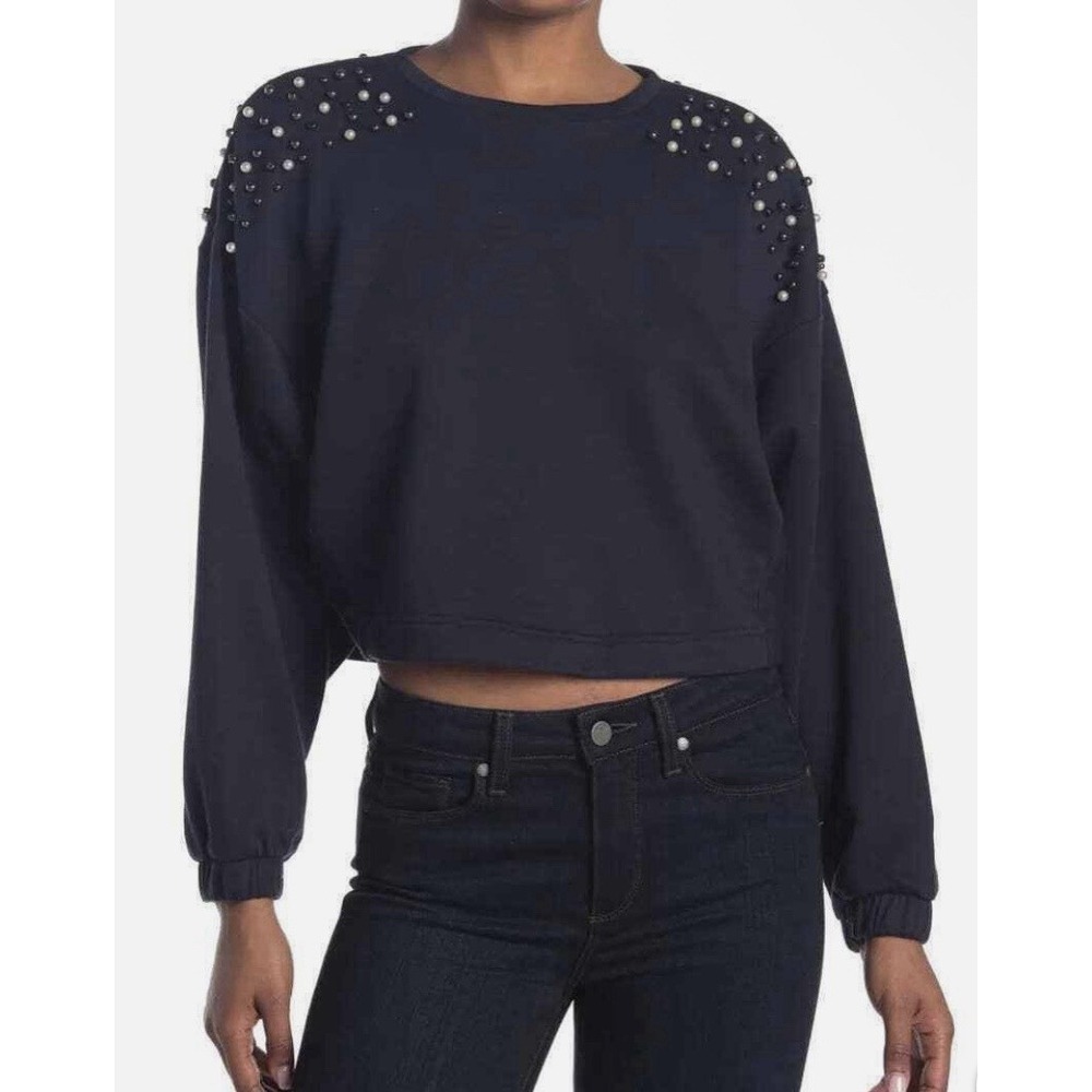 14TH & UNION Faux Pearl Beaded Crew Neck Pullover Sweatshirt Navy Night‎ Crop M